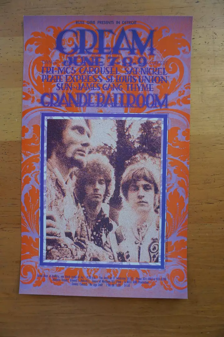 Cream - 1968 Gary Grimshaw Poster Detroit, MI Grande Ballroom Gig Posters 4 Cream - 1968 Gary Grimshaw Poster Detroit, MI Grande Ballroom Gig Posters