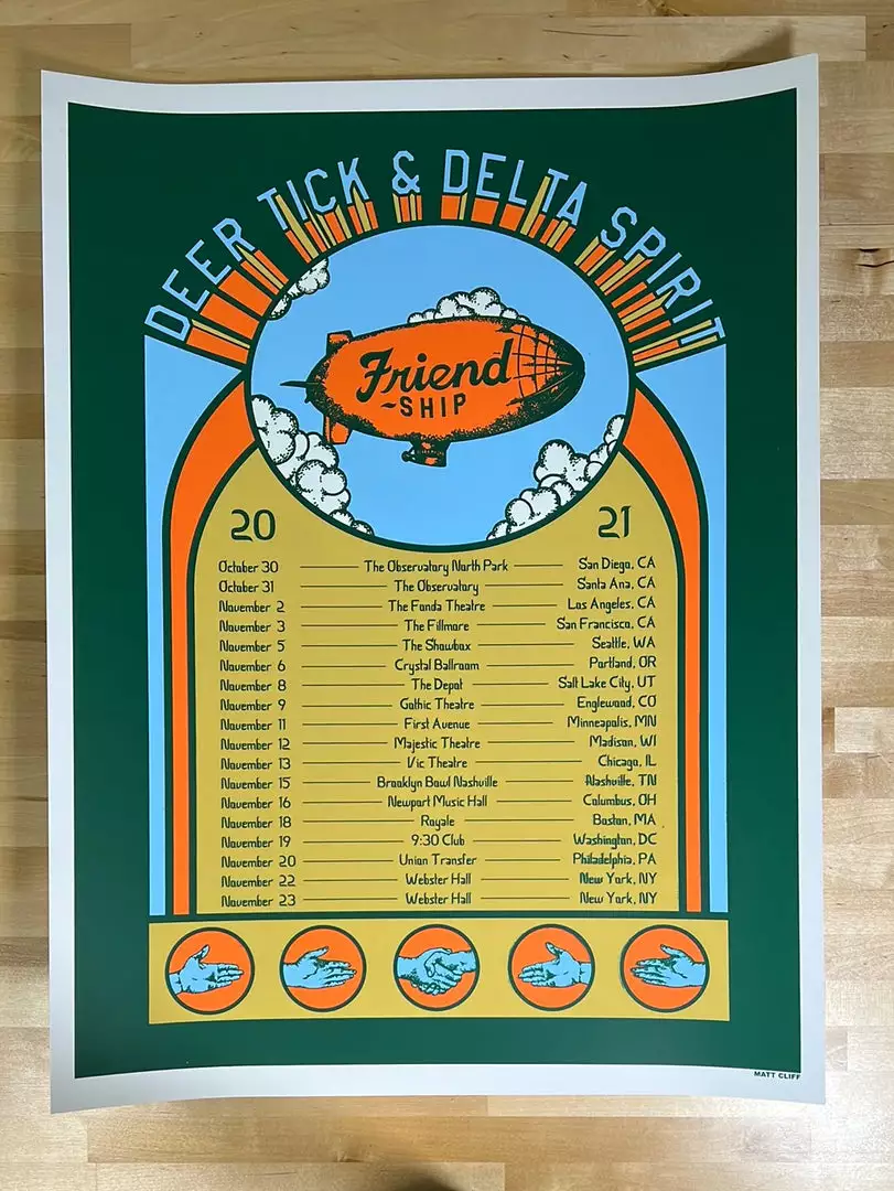 Gig Posters Deer Tick & Delta Spirit - 2021 Matt Cliff Poster Friend Ship Tour Print 4 Gig Posters Deer Tick & Delta Spirit - 2021 Matt Cliff Poster Friend Ship Tour Print
