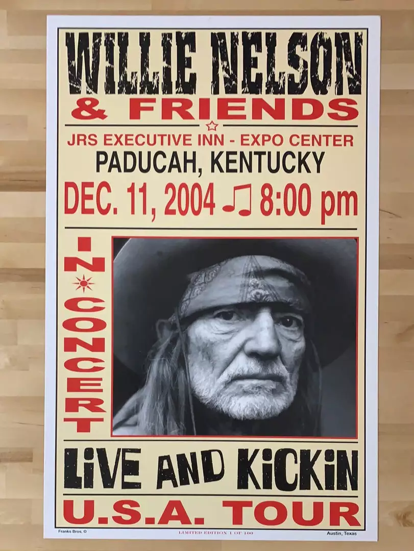 Willie Nelson - 2004 Franks Brothers 12/11 Poster Paducah, KY Gig Posters 4 Willie Nelson - 2004 Franks Brothers 12/11 Poster Paducah, KY Gig Posters