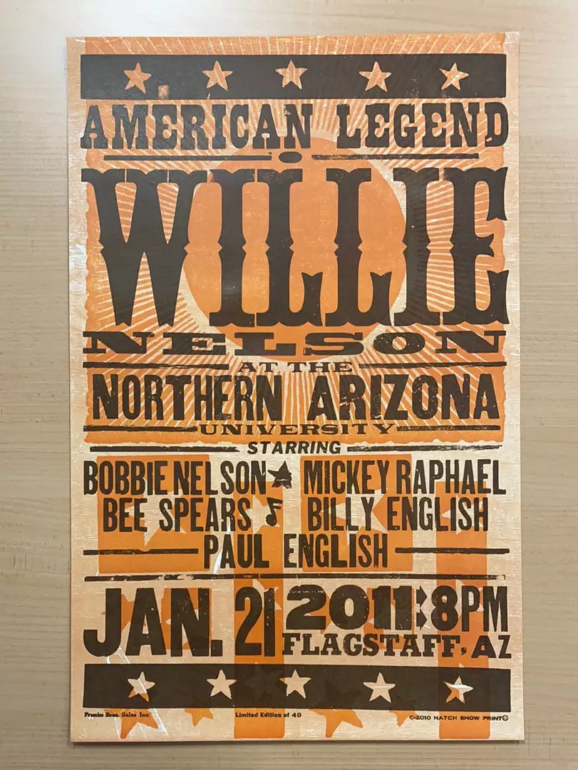 Gig Posters Willie Nelson - 2011 Hatch Show Print 1/21 Poster Flagstaff, Arizona 4 Gig Posters Willie Nelson - 2011 Hatch Show Print 1/21 Poster Flagstaff, Arizona