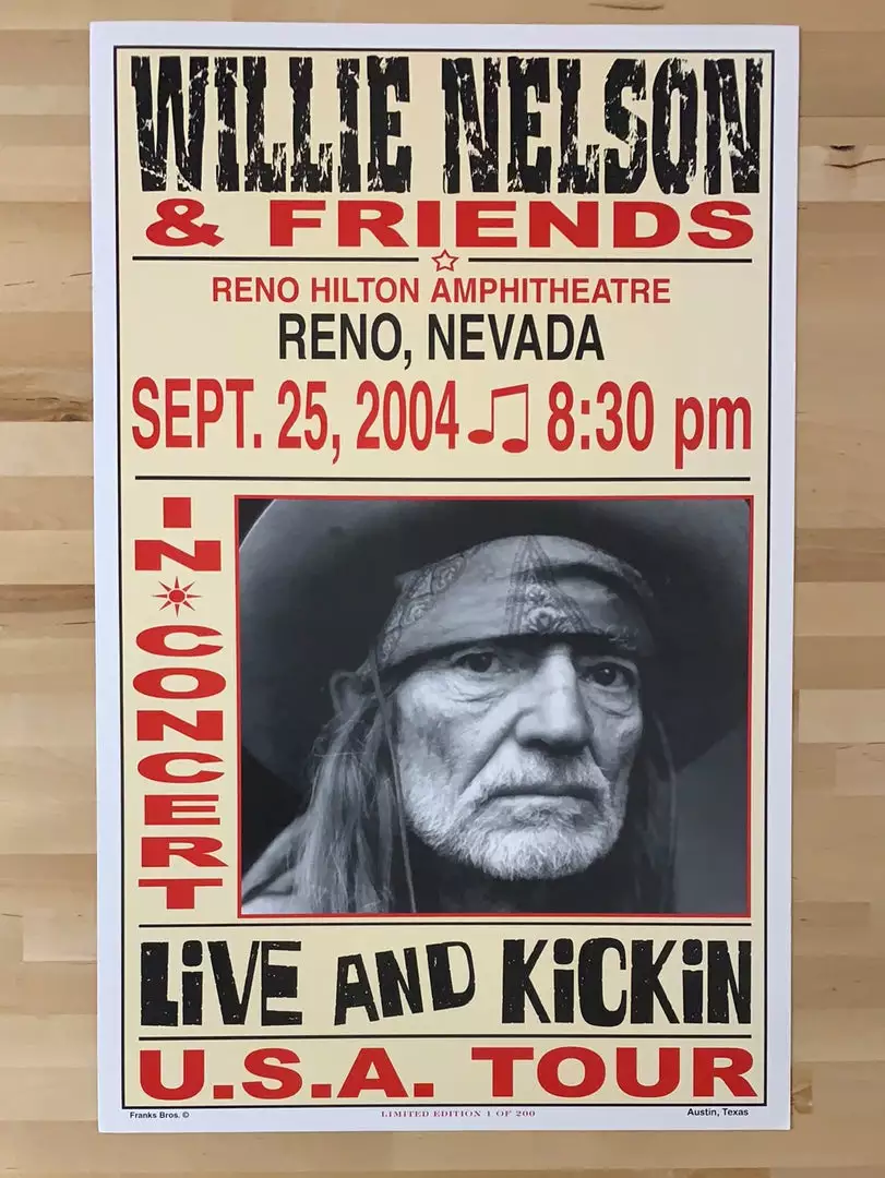 Gig Posters Willie Nelson - 2004 Franks Brothers 9/25 Poster Reno, NV 4 Gig Posters Willie Nelson - 2004 Franks Brothers 9/25 Poster Reno, NV