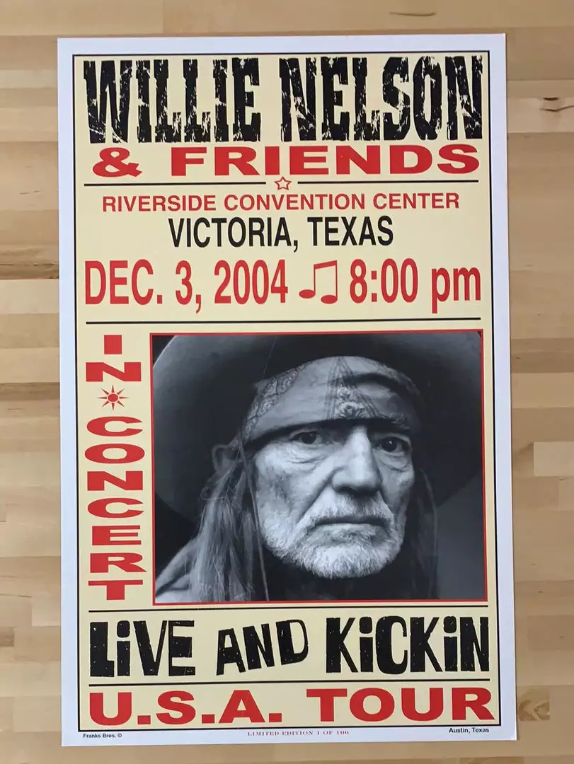 Willie Nelson - 2004 Franks Brothers 12/3 Poster Victoria, TX (damaged) 4 Willie Nelson - 2004 Franks Brothers 12/3 Poster Victoria, TX (damaged)