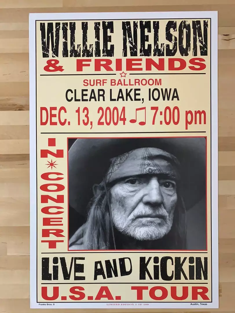 Willie Nelson - 2004 Franks Brothers 12/13 Poster Clear Lake, IA Gig Posters 4 Willie Nelson - 2004 Franks Brothers 12/13 Poster Clear Lake, IA Gig Posters
