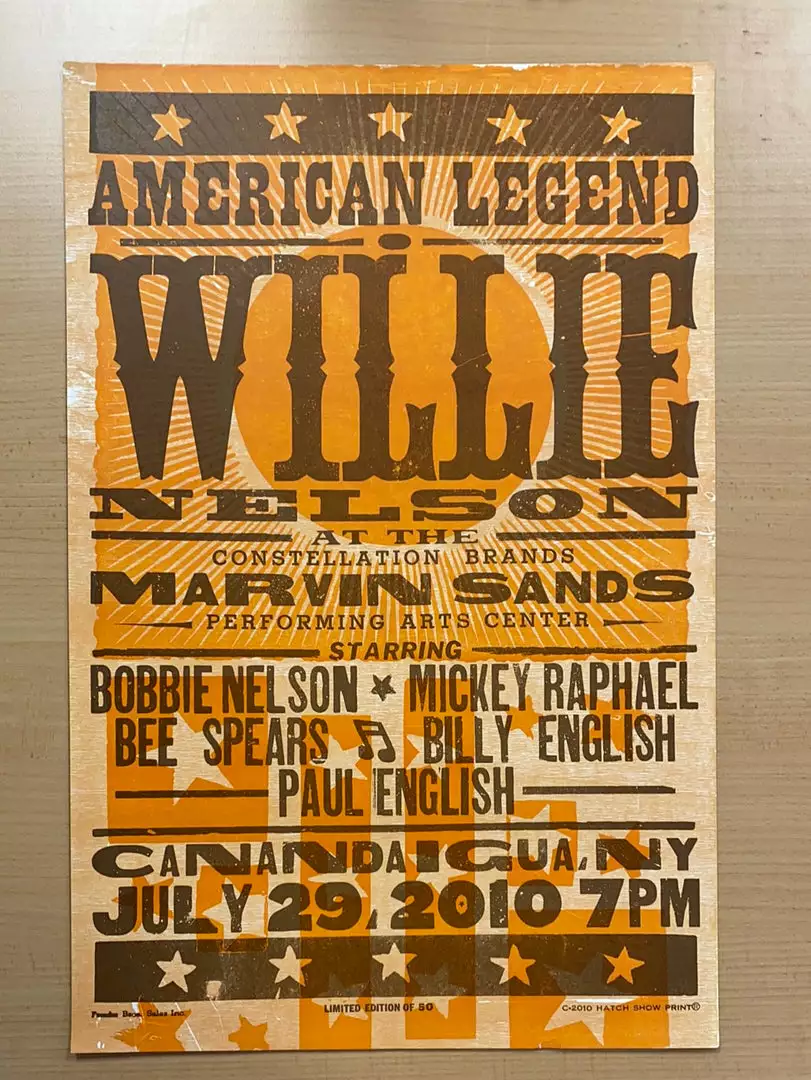 Gig Posters Willie Nelson - 2010 Hatch Show Print 7/29 Poster Canandaigua, New York 4 Gig Posters Willie Nelson - 2010 Hatch Show Print 7/29 Poster Canandaigua, New York